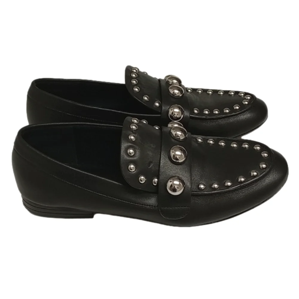 KARL LAGERFELD "AVAH" BLACK LEATHER LOAFER FLATS SHOES WITH SILVER DOME … - Picture 5 of 13